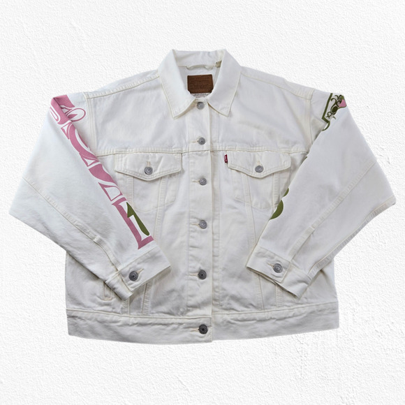 Levi’s White Denim Trucker Jacket NWT Graphic 90s Birthday Trucker Size Large - Picture 1 of 16